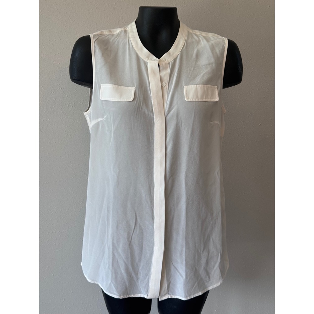 J McLaughlin Sleeveless Silk Sheer Top Sz L Button Up Ivory White Classic Preppy